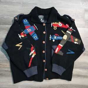 VTG 1988 Berek NY Hand Knit Wool Cardigan Airplane 80s L